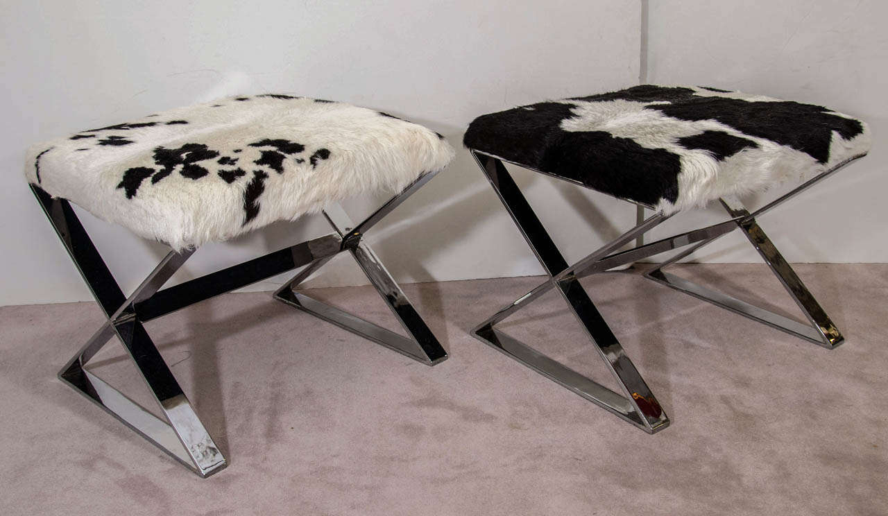 Mid Century Set of Two Milo Baughman X- Base Benches with Cowhide Upholstery