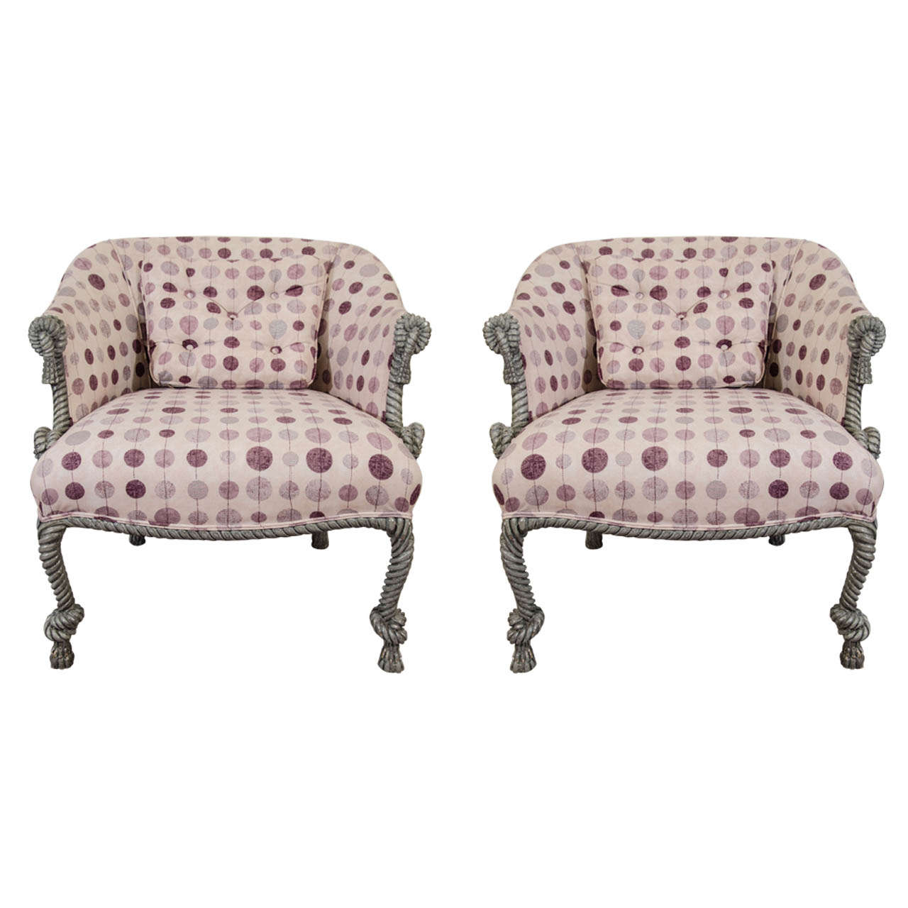 A Pair of Italian Upholstered Armchairs with Tassel Motif Frame