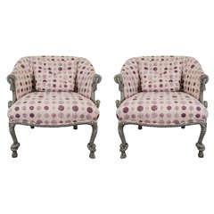 A Pair of Italian Upholstered Armchairs with Tassel Motif Frame