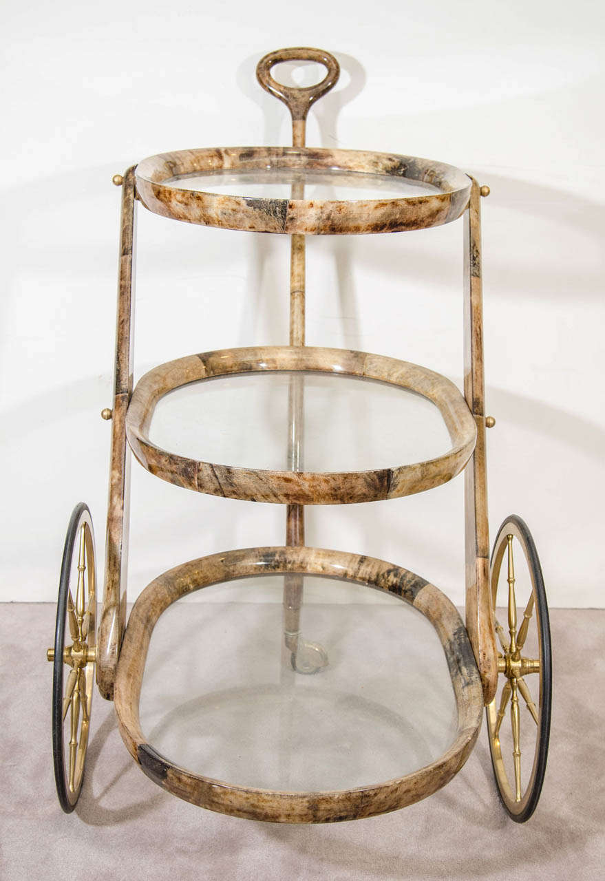 Rare Oval Design Aldo Tura Three-Tier Lacquered Goatskin Bar Cart In Excellent Condition For Sale In Mount Penn, PA