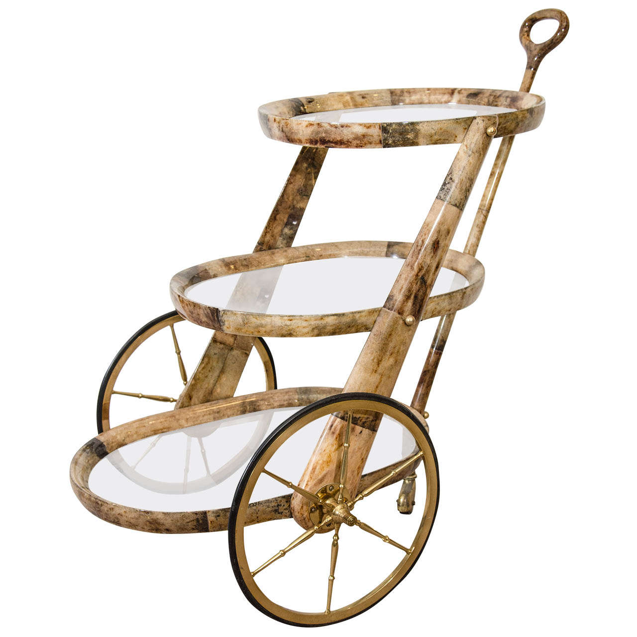 Rare Oval Design Aldo Tura Three-Tier Lacquered Goatskin Bar Cart For Sale