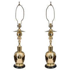 A Mid Century Pair of Asian Inspired Brass Table Lamps