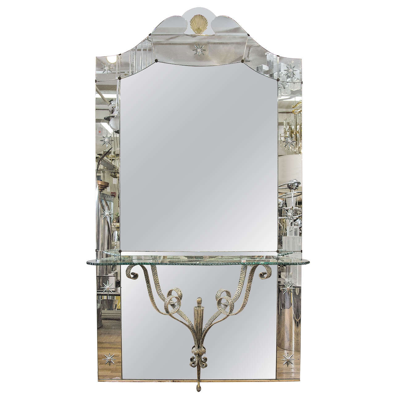  Amazing Italian Hollywood Regency Mirror with Console Shelf For Sale