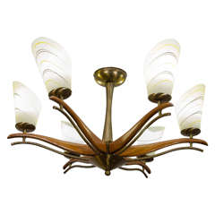 Mid Century Italian Wood and Brass Chandelier