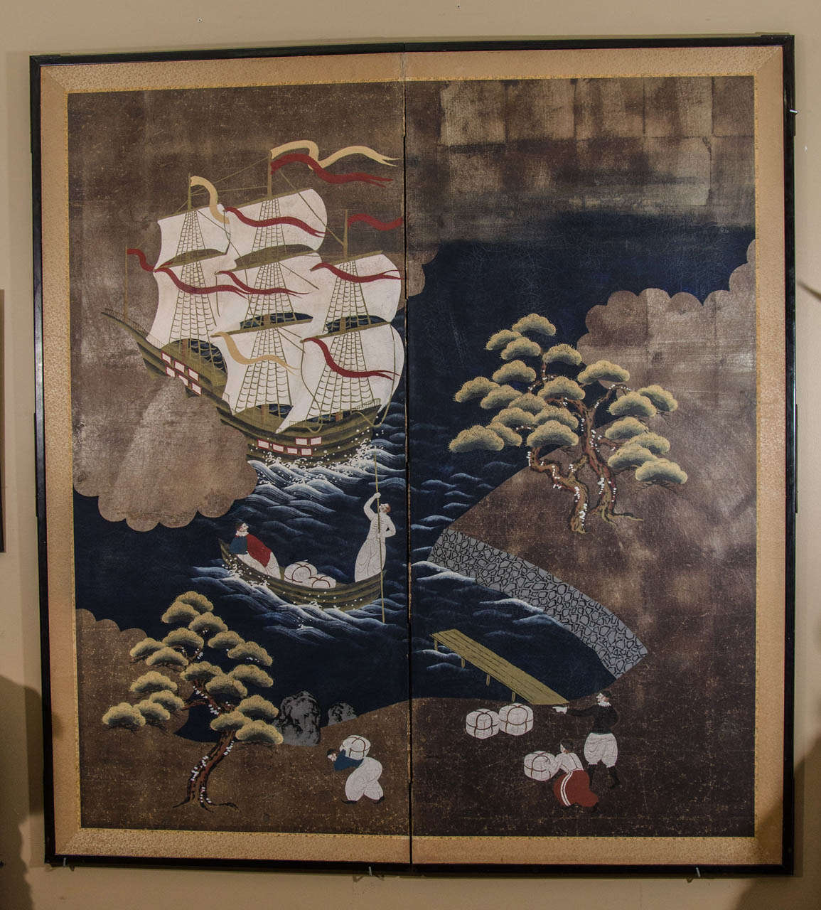 A two panel Japanese Namban screen from the Meiji Period depicting a Portuguese Caravel ship.

Good condition with age appropriate wear.