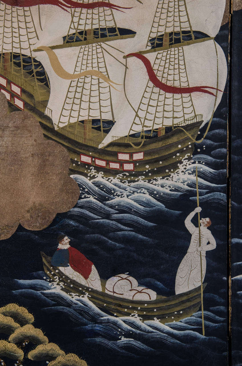 Biombo Namban japonés del periodo Meiji con carabela portuguesa Japonés