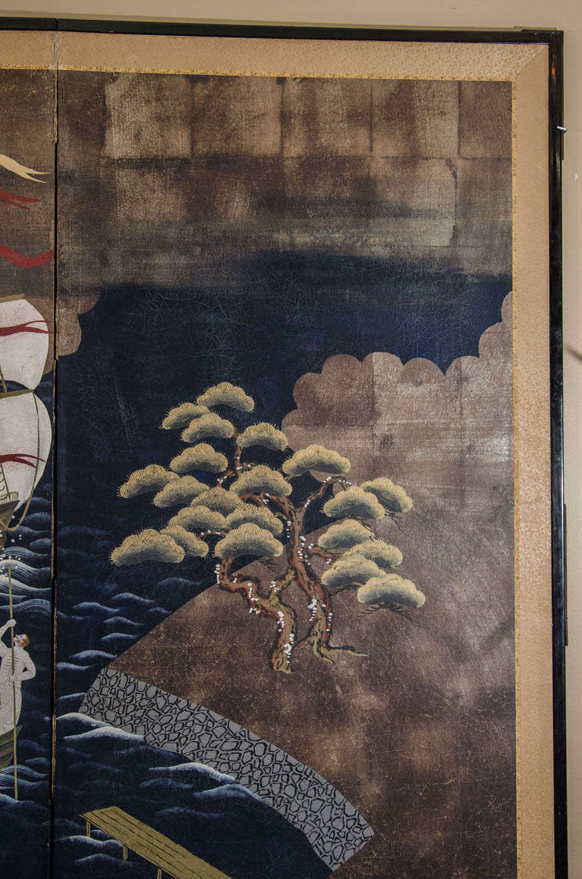 A Meiji Period Japanese Namban Screen with Portuguese Caravel Ship In Good Condition In New York, NY