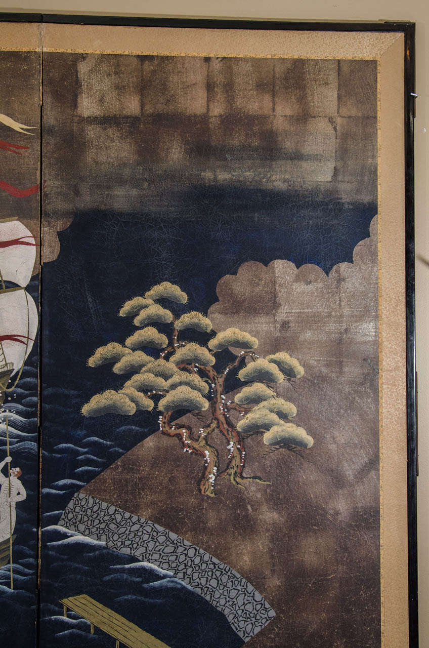 Biombo Namban japonés del periodo Meiji con carabela portuguesa Papel