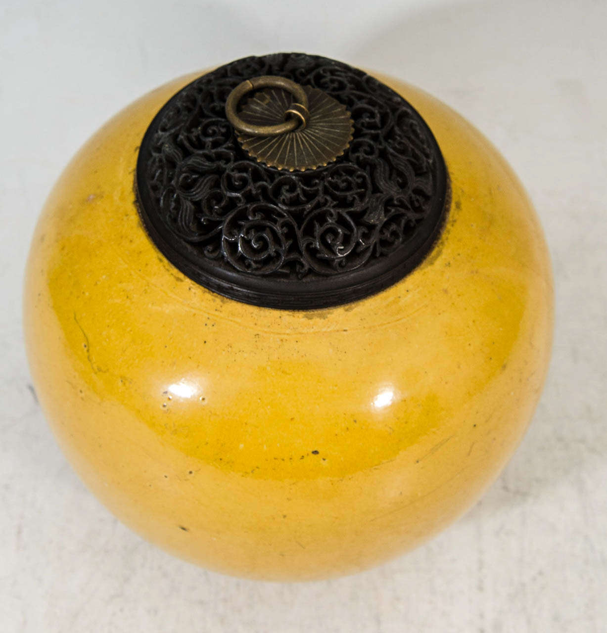 18th Century and Earlier A  Late 17th or Early 18th Century Kangxi Porcelain Tea Jar in Yellow Enamel