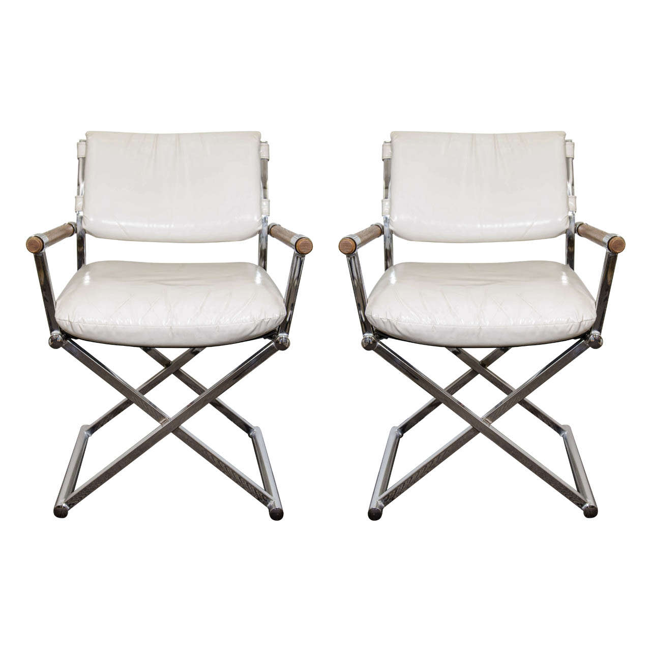 A Mid Century Pair of White Leather Director's Chairs W/ X-Base