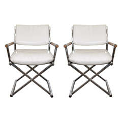 A Mid Century Pair of White Leather Director's Chairs W/ X-Base