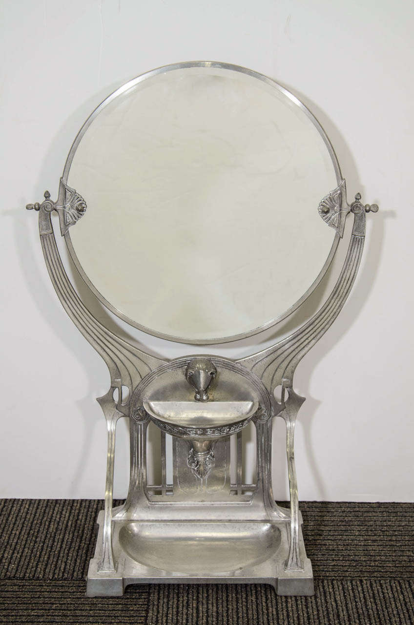 Art Nouveau Silver Fountain with Circular Mirror in WMF Style