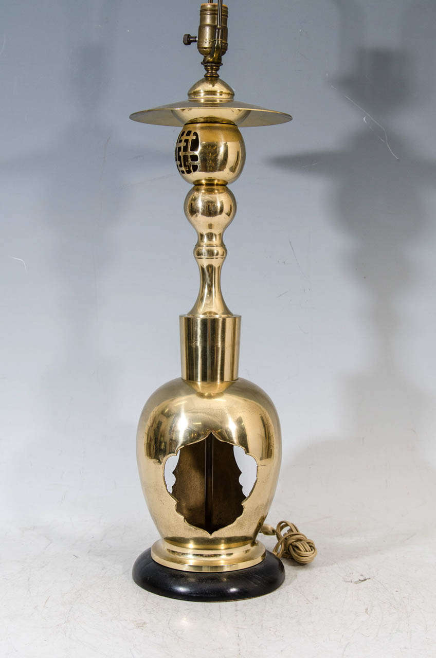 A Mid Century Pair of Asian Inspired Brass Table Lamps For Sale at 1stDibs