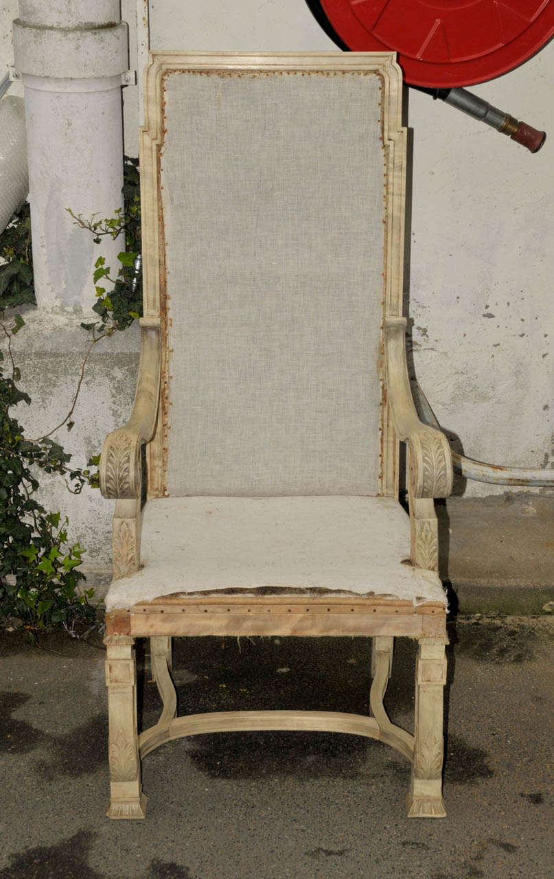 Pair of 1940's Louis XIV style armchairs. White patinated wood. Fabric needs to be replaced. Good condition. Normal wear consistent with age and use.