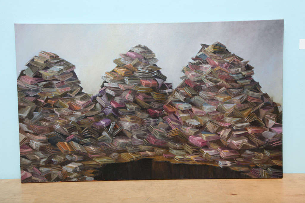 Large-scale landscape painting depicting piles of international currencies sitting beside a giant pit. Signed on rear.
