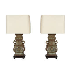 Vintage Pair of Archaic Style Japanese Urn Table Lamps