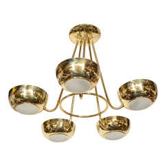 Modernist Brass and Frosted Glass Chandelier by Lightolier