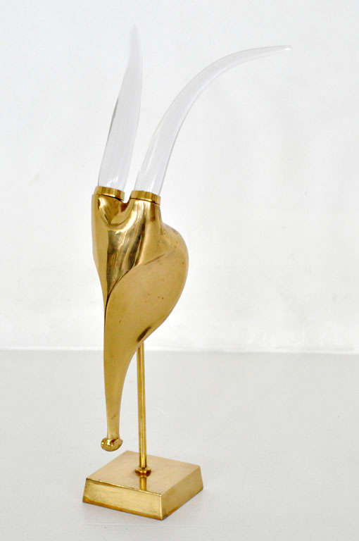 Glamorous brass ram sculpture with blown glass horns.