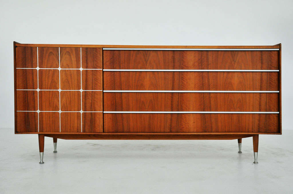 Rarely seen walnut sideboard by Edmond Spence.   Aluminum handles and inlaid aluminum details.  Marked 
