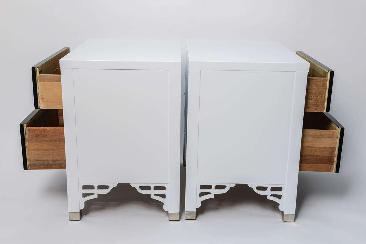 American Pair of White and Black Hollywood Glam Oriental Lacquered Night Stands