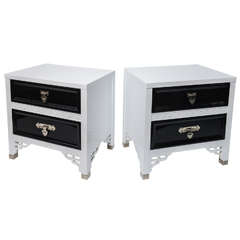 Pair of White and Black Hollywood Glam Oriental Lacquered Night Stands