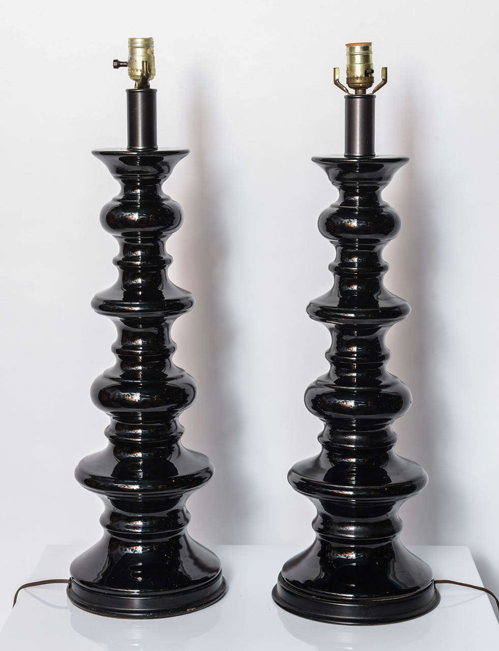 Fabulous Pair of Tall Black Hollywood Regency Style Table Lamps