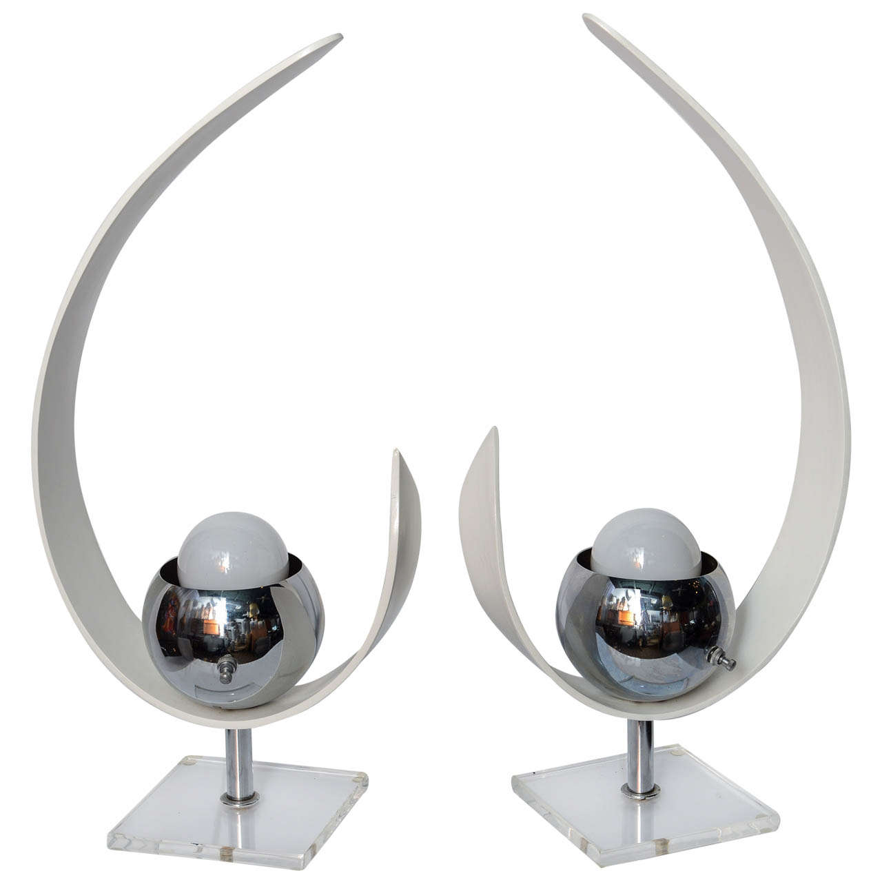 1960s Modernist Robert Sonneman Style Wood and Chrome Eyeball Table Lamps