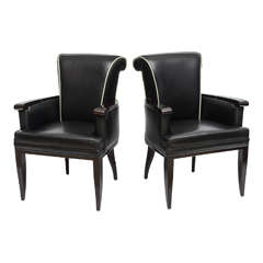 Pair of Late Art Deco Ebony De Macassar and Leather Armchairs, Jean Pascaud 12