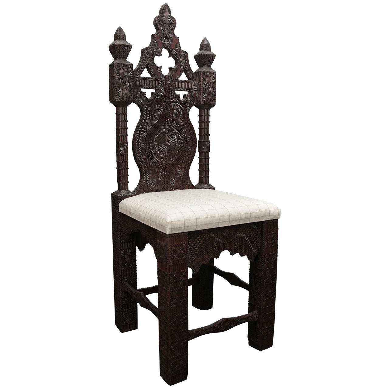 19th Century Turkish Carved Wood Chair with Linen Cushion For Sale