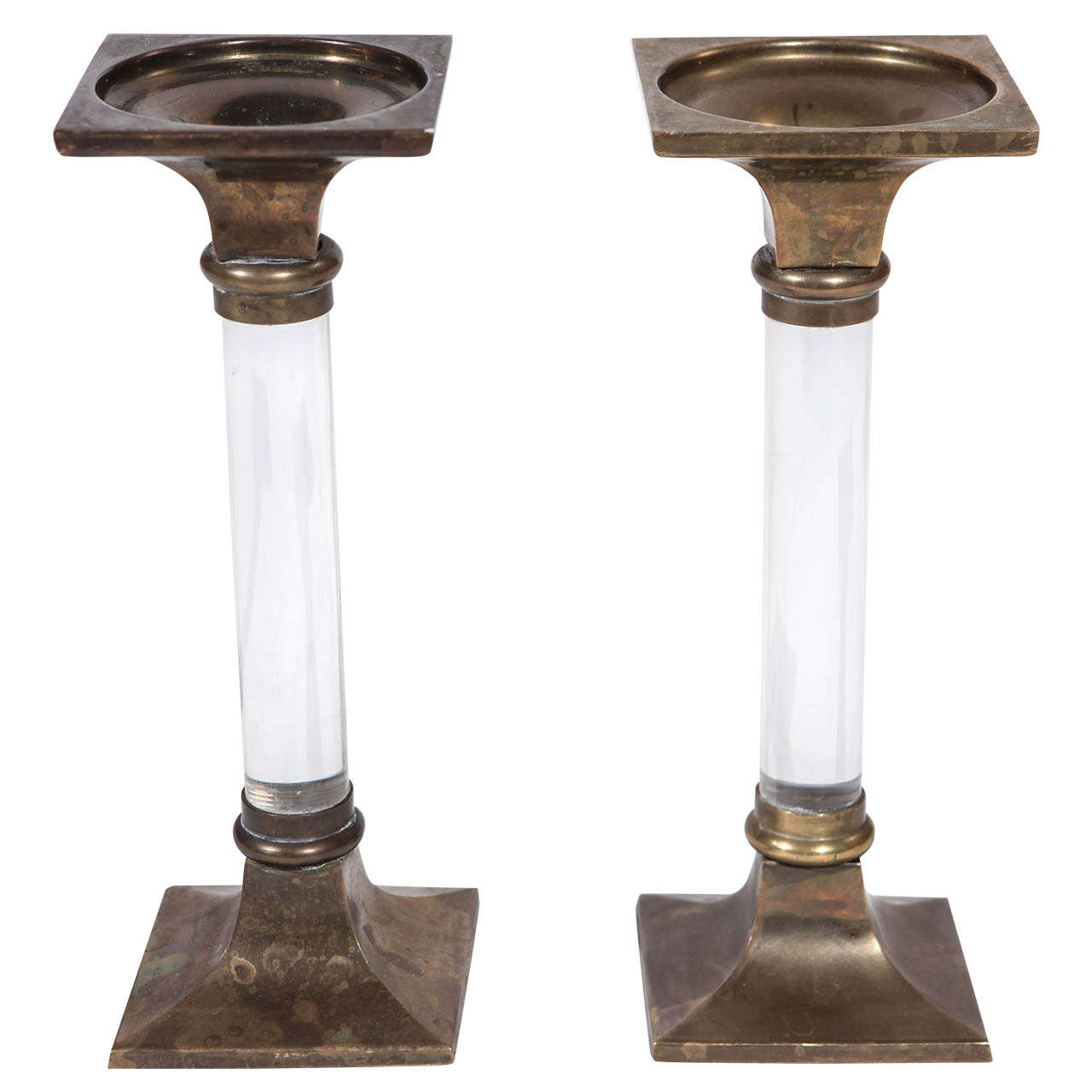 Pair of Mid Century Brass and Lucite Candlesticks in the Style of Dorothy Draper