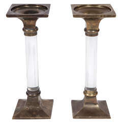 Pair of Mid Century Brass and Lucite Candlesticks in the Style of Dorothy Draper