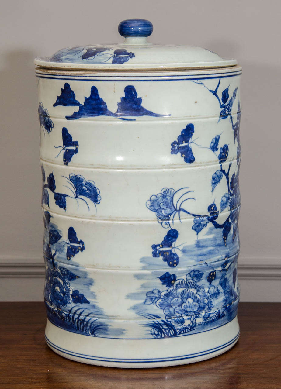 Pair of blue and white porcelain Chinese jars with floral motifs.