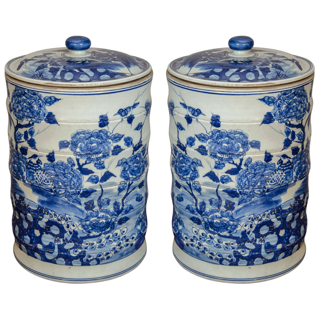 Pair of Cylindrical Blue and White Porcelain Jars