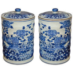 Pair of Cylindrical Blue and White Porcelain Jars