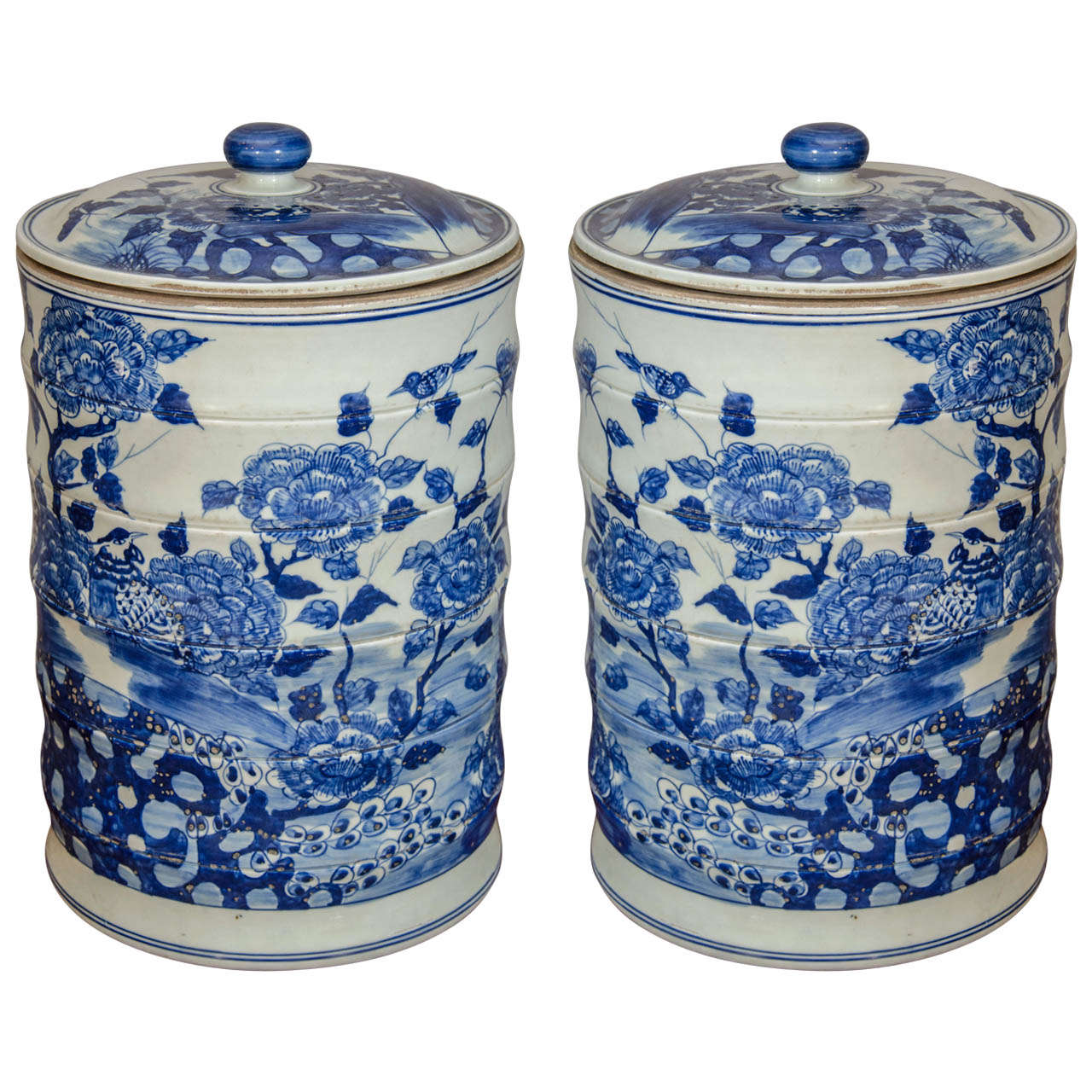 Pair of Cylindrical Blue and White Porcelain Jars at 1stDibs