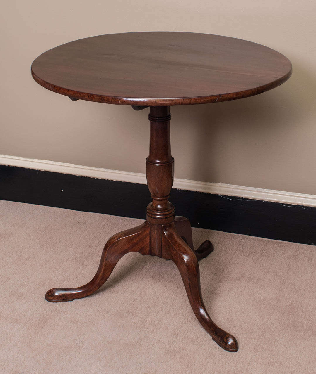 Excellent patina - rich glow to wood - good proportions -  beautiful turned pedestal and Queen Anne legs - French polish.  Wood aging shows in appropriate shrinkage: 27