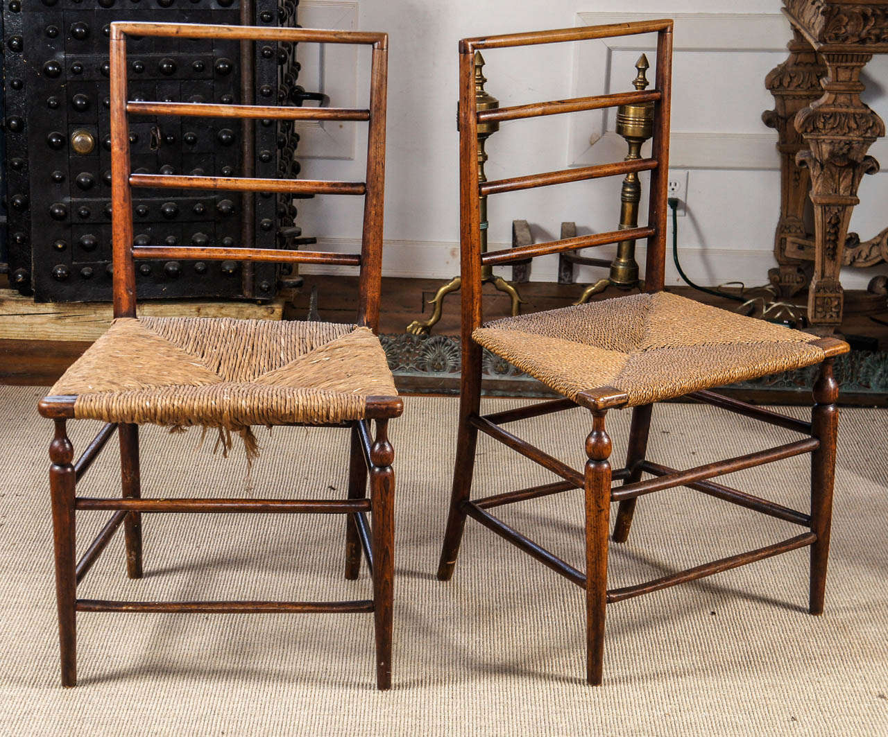 Fine set of four English Elm side chairs. Two with rush seats and two with rope seats.