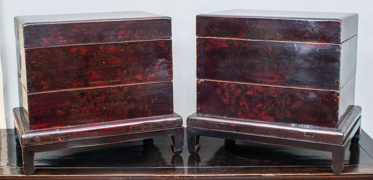 Extraordinary pair of three-tiered document boxes, lacquered elmwood with subtle traces of original hand painting, circa 1870, Shanxi province.
The pair would make an excellent cocktail / coffee table, end tables, or bedside chests.