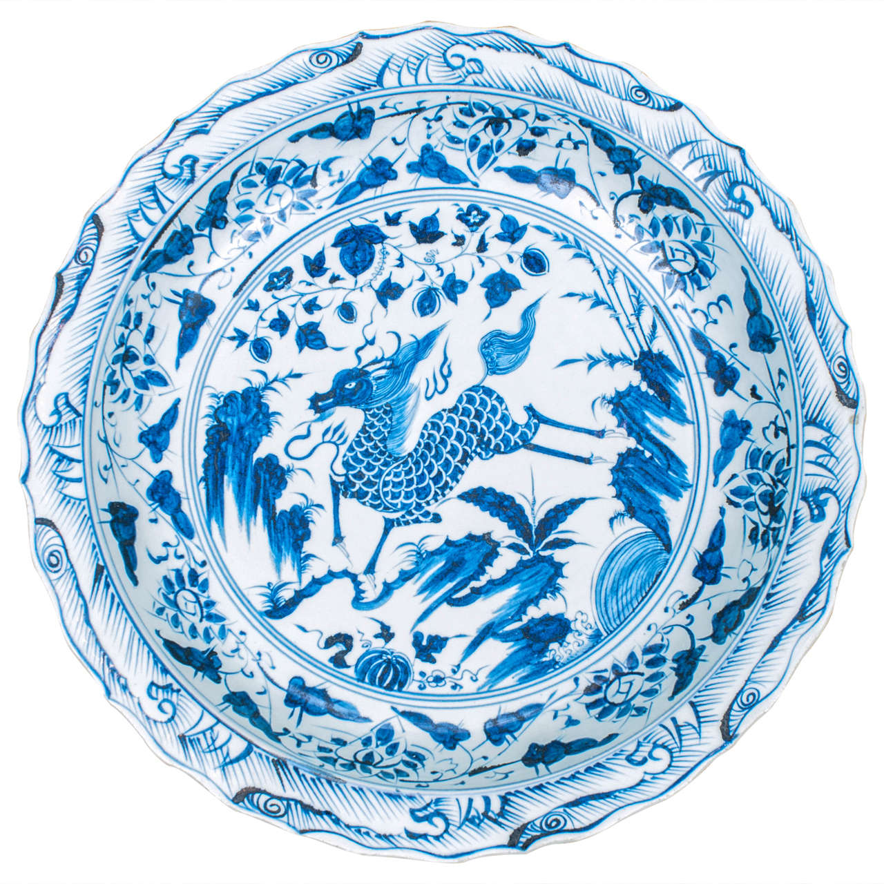Monumental Blue and White Chinese Porcelain Charger
