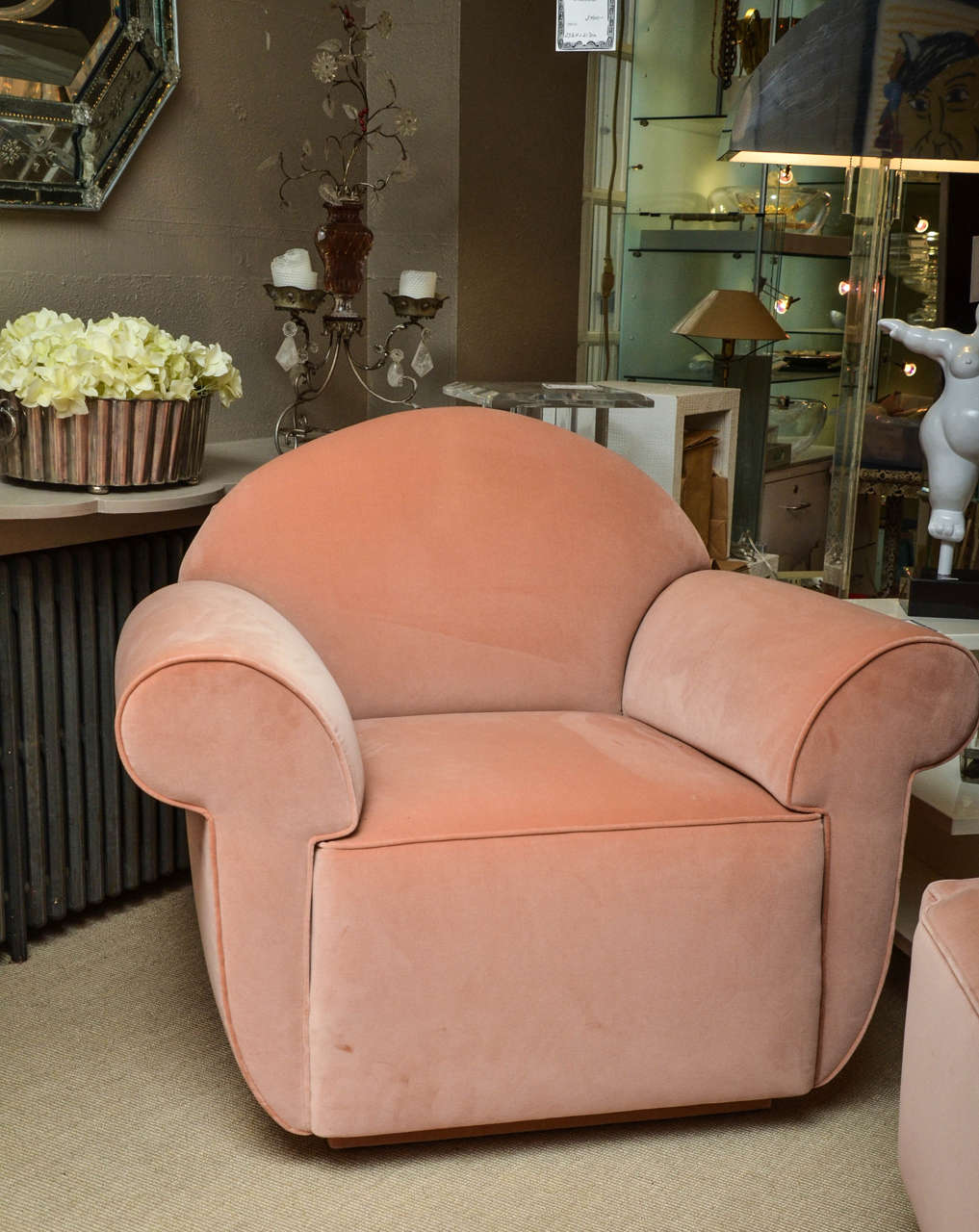 Deco Style Club Chair and Ottoman Upholstered in Apricot Velveteen In Excellent Condition In Water Mill, NY