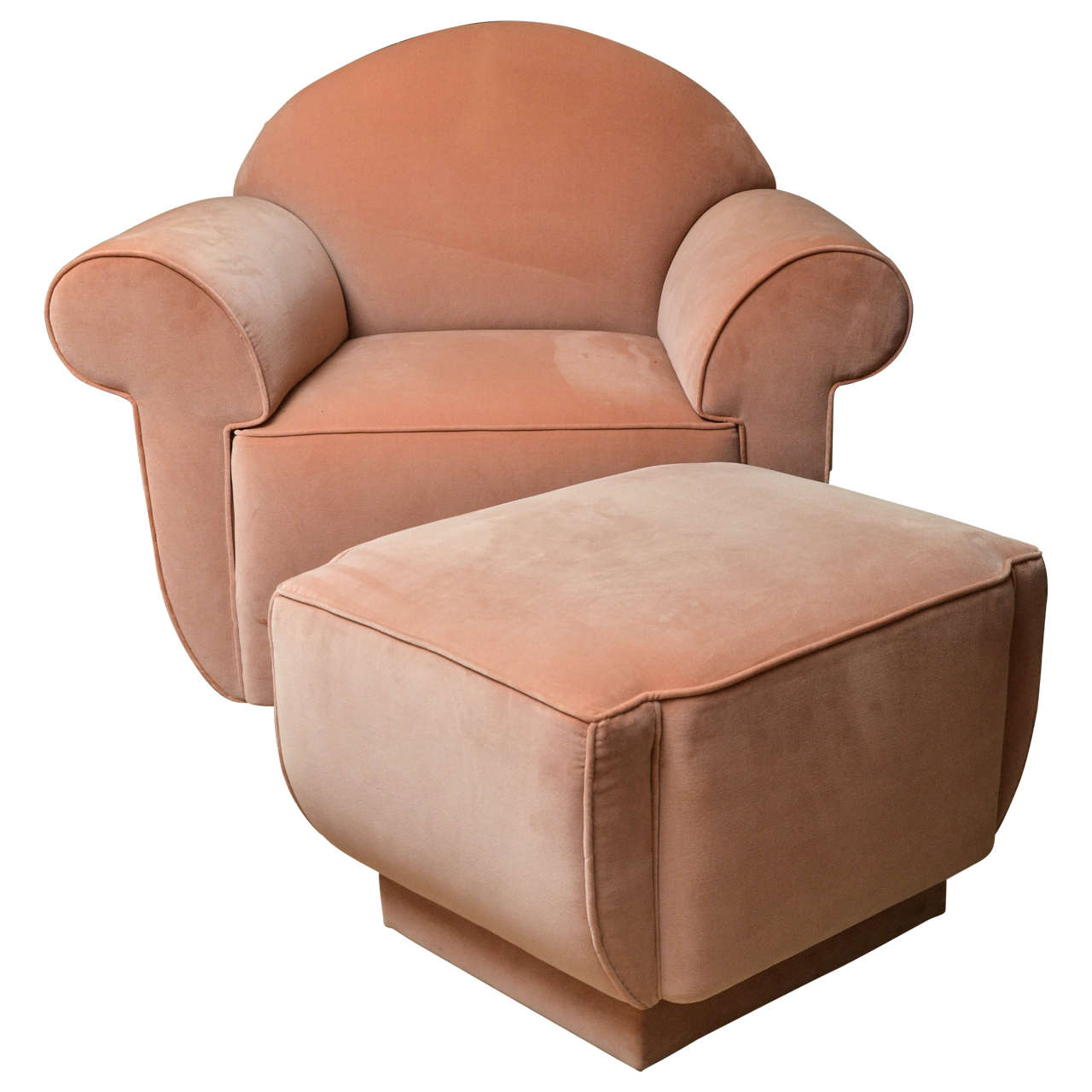 Deco Style Club Chair and Ottoman Upholstered in Apricot Velveteen