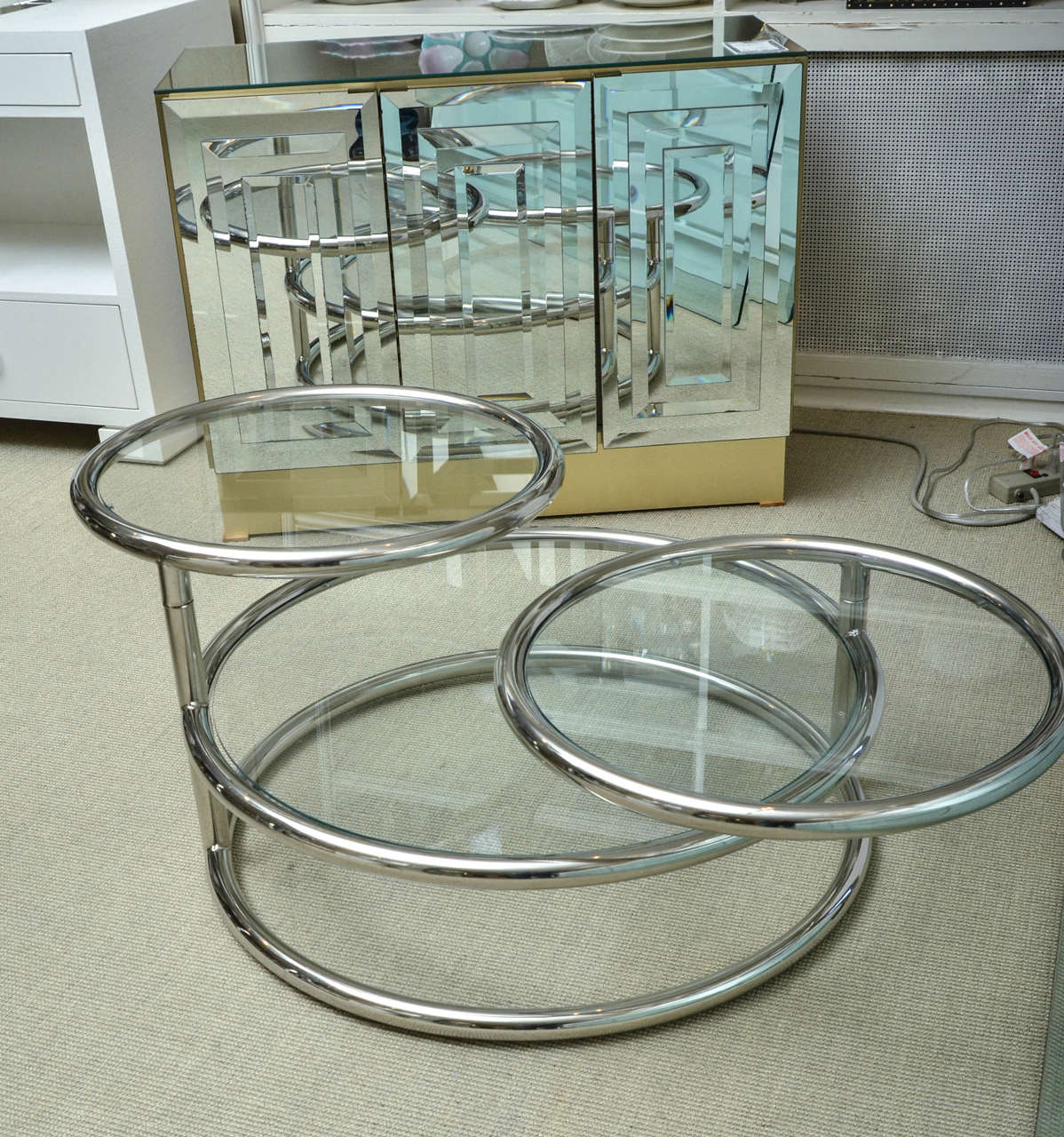 Mid-Century Chrome and Glass Swivel Three-Tiered Coffee Table