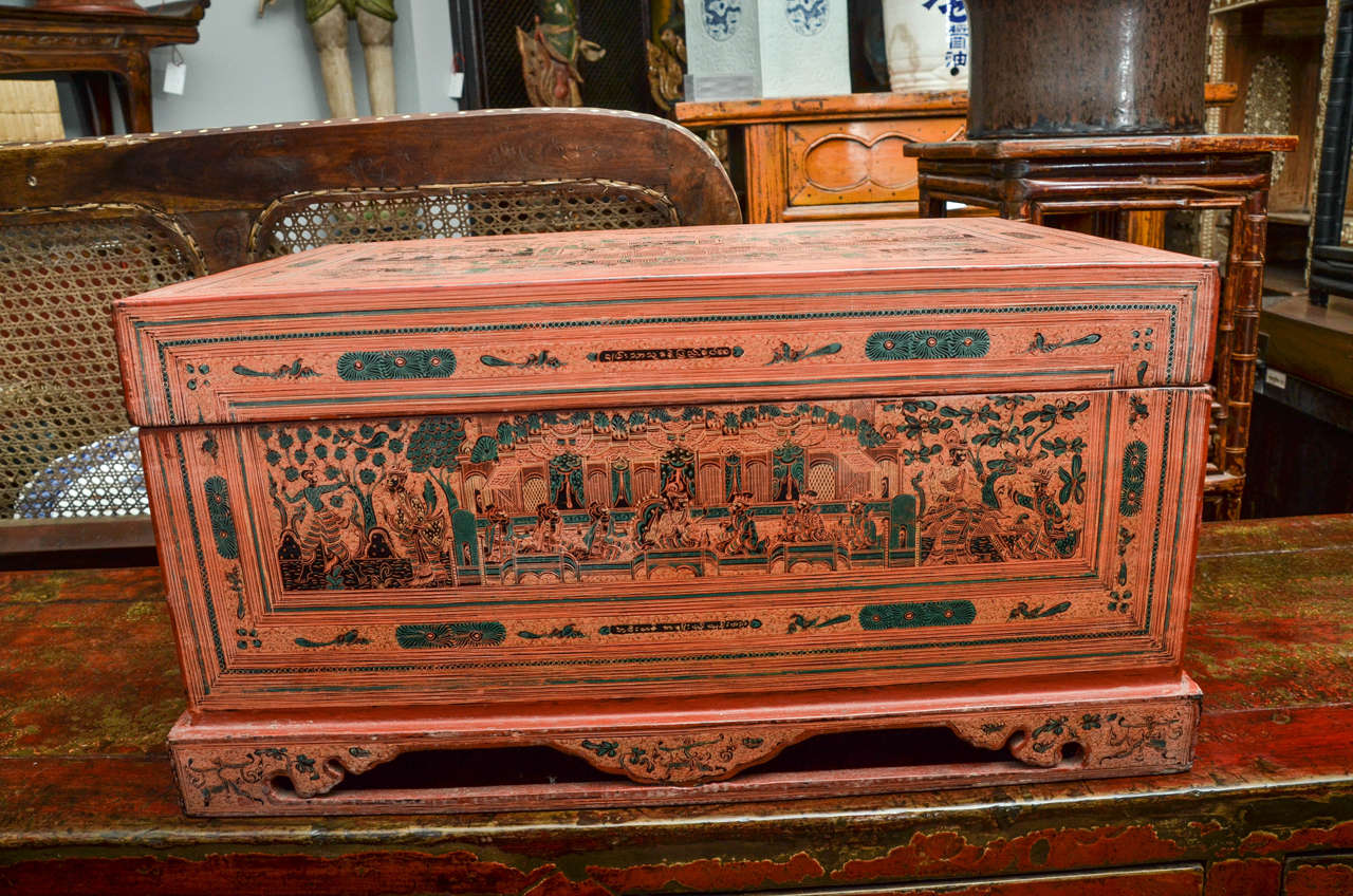 Late 19th century lacquered and decorated footed document box.