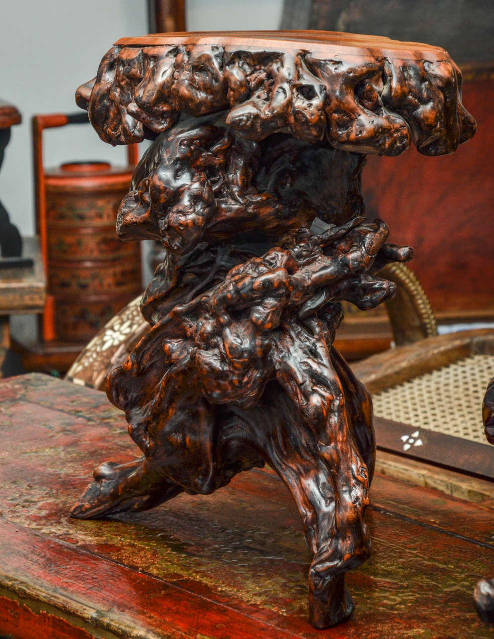 Carved Turn of the Century Qing Dynasty Southern Elm Root Stool For Sale