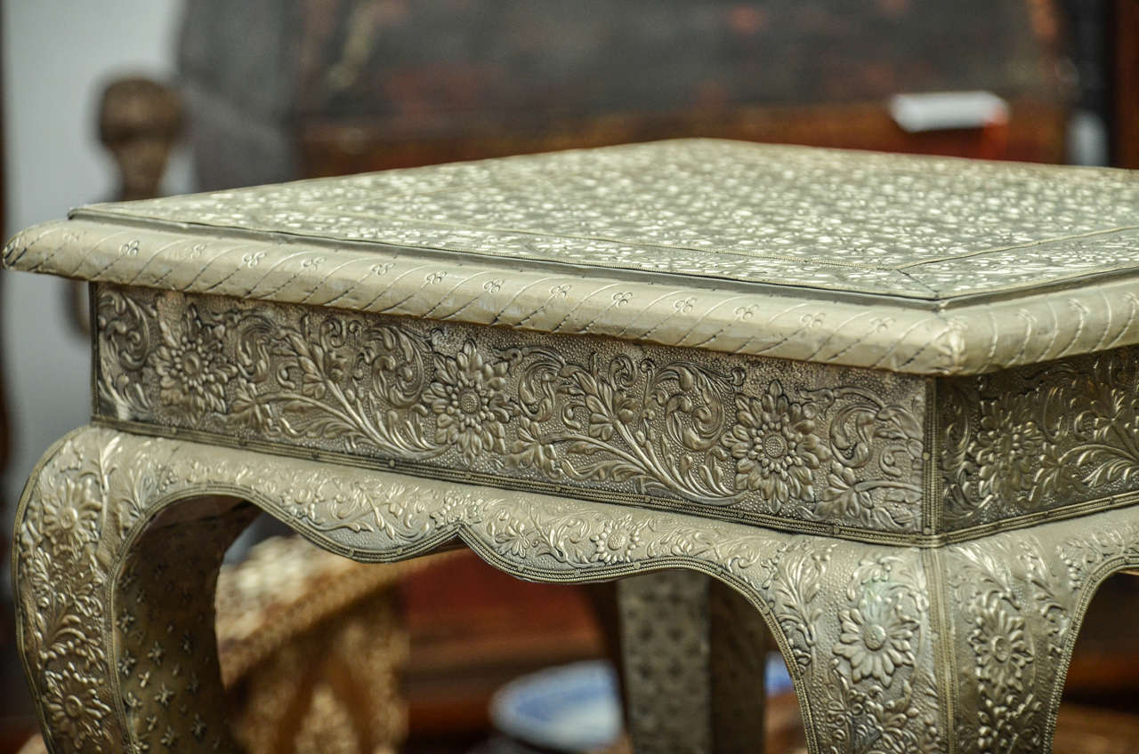 Turn of the Century Indian Hammered Silver Side Table with Queen Ann Legs 2