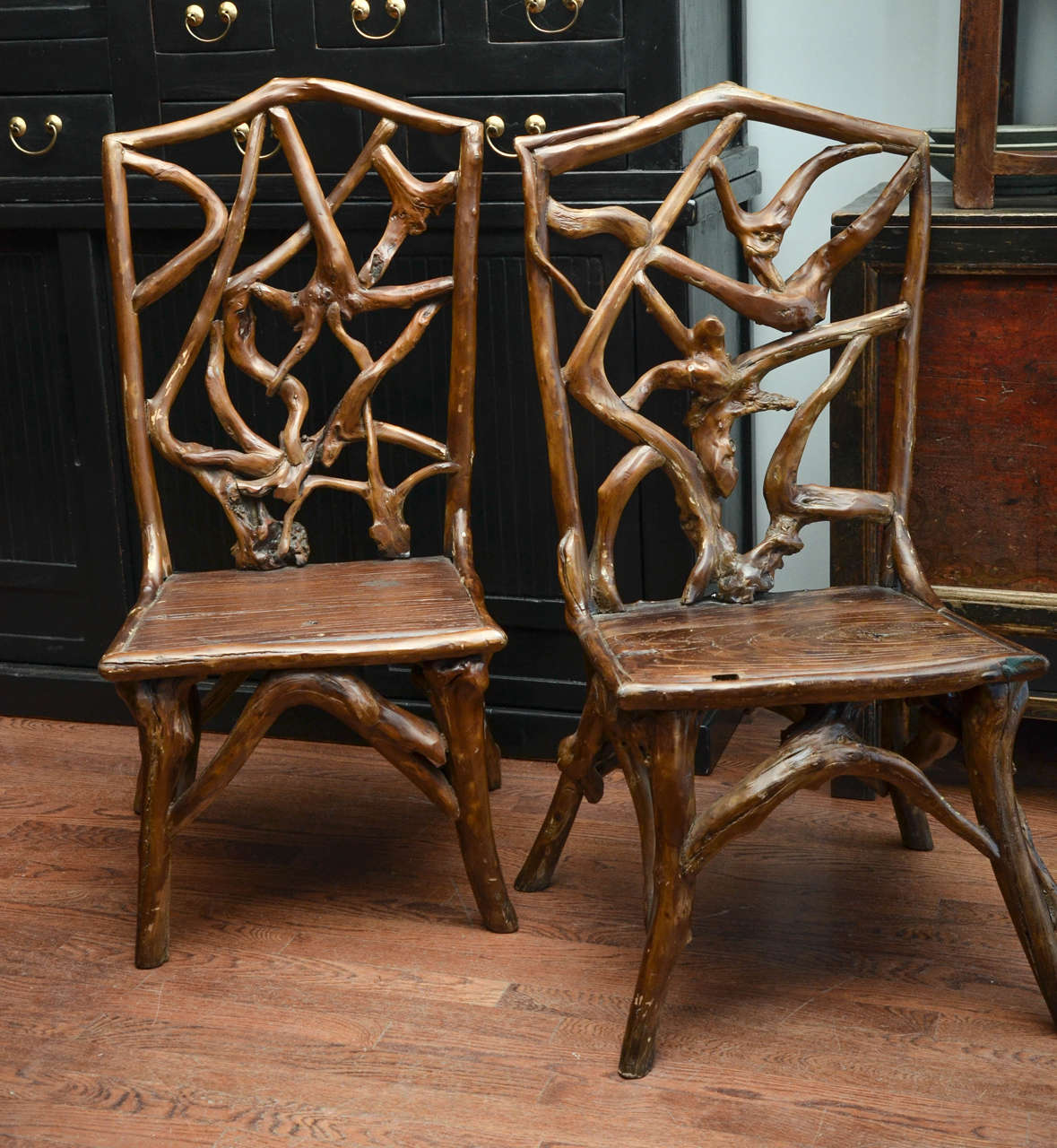 Turn of the century Qing dynasty Southern Chinese elm carved root side chair (one available).