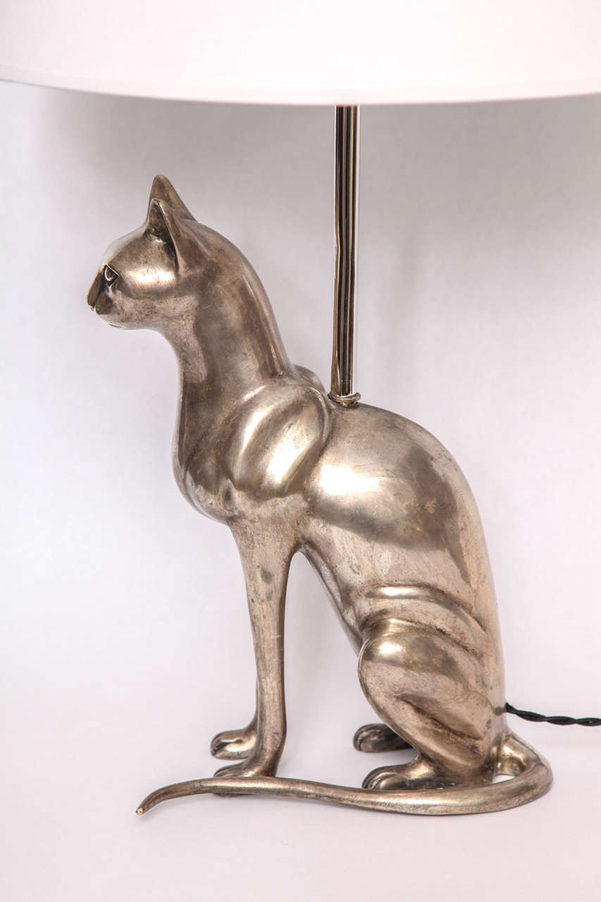 Cast Pair of 1920s Silvered Bronze Sculptural Siamese Cat Table Lamps