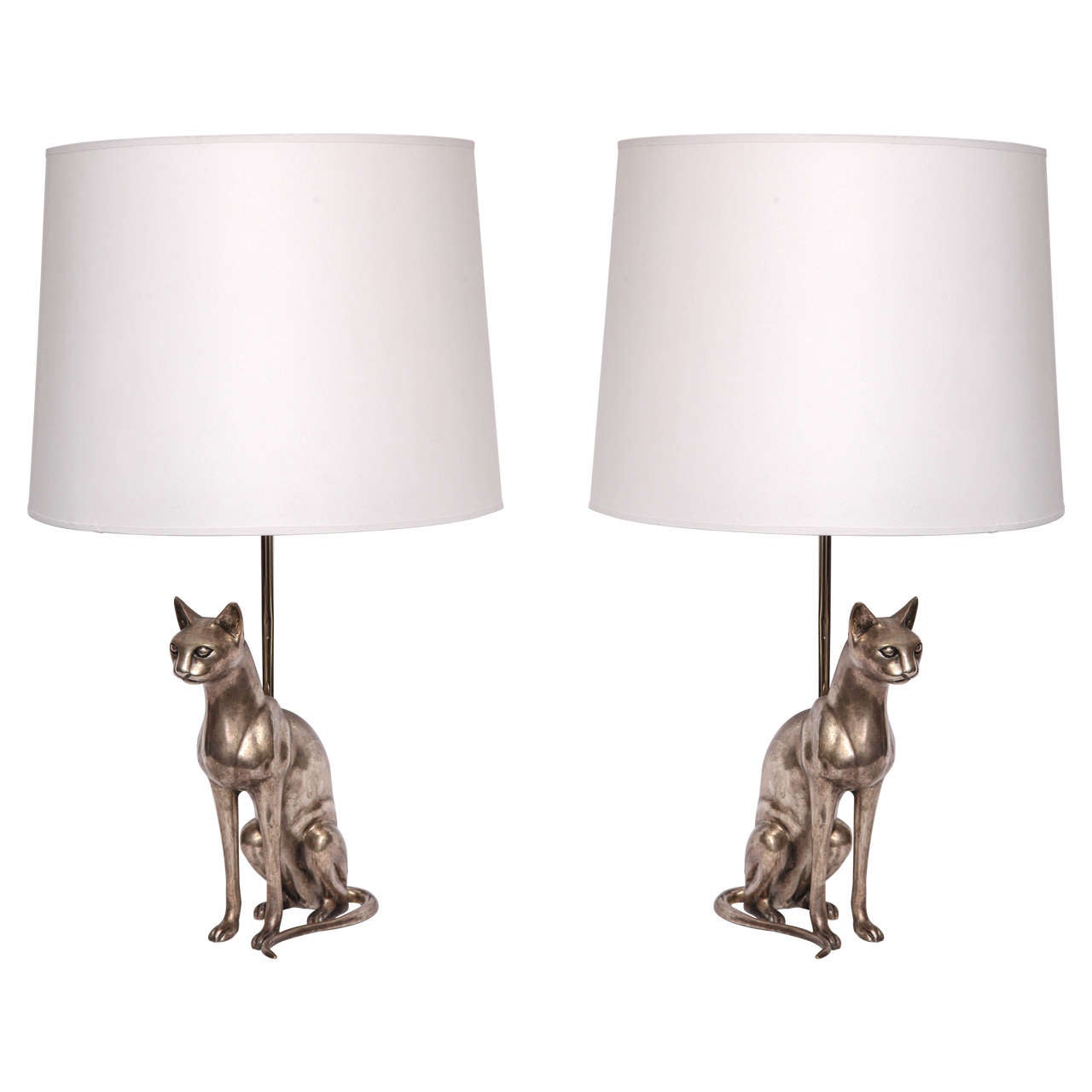 Pair of 1920s Silvered Bronze Sculptural Siamese Cat Table Lamps