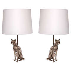 Antique Pair of 1920s Silvered Bronze Sculptural Siamese Cat Table Lamps