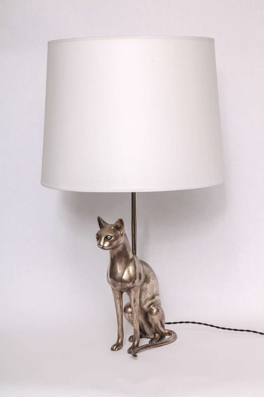 Pair of 1920s Silvered Bronze Sculptural Siamese Cat Table Lamps at 1stDibs